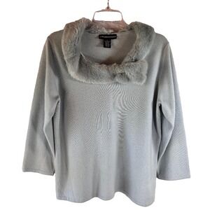Norton Mcnaughton Sweater Light Blue Faux Fur Collar Women's Size L Coquette